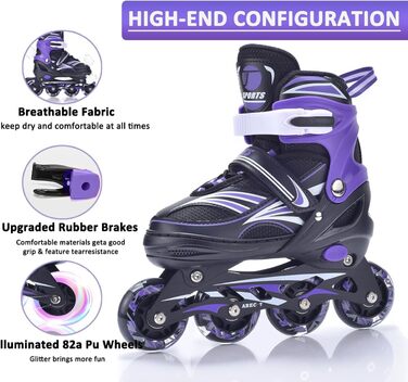 Дитячі ролики ERAN з регулюванням розміру. Роликові ковзани, регульовані на 4 розміри для дівчаток/хлопчиків/дітей, для використання в приміщенні та на вулиці, фіолетовий колір