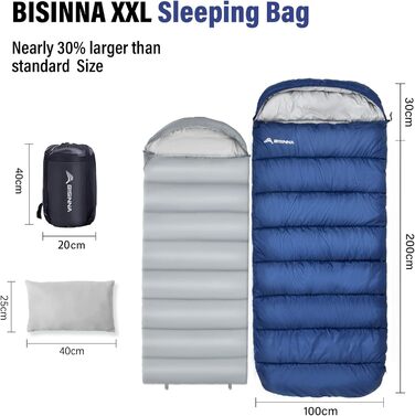 Спальний мішок BISINNA XXL для великих дорослих, 3-4 сезони, зимовий, теплий, ковдровий, для кемпінгу, великий розмір (Blue, 1.5kg, права блискавка)