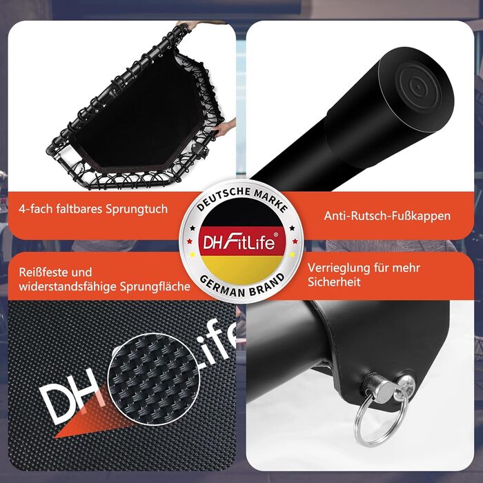 DH FitLife фітнес-батут складаний 128 см, тиха гумова підвіска, без монтажу, для дому та вулиці, 3-рівневий регульований поручень, червоний