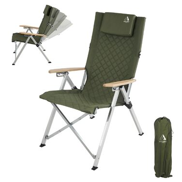 Крісло для кемпінгу складне, з високою спинкою, регульована спинка в 4 положеннях, до 150 кг, для саду, риболовлі, відпочинку на природі (зелене)