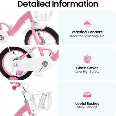 Дитяче велосипед 14 дюймів з додатковими колесами та кошиком, рожевий. Підходить для дітей 3-7 років, регульована висота сідла.