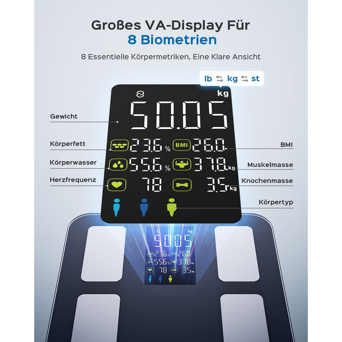 Ваги підлогові цифрові 8-в-1 Bluetooth Personenwaage: аналіз тіла, BMI, відсоток жиру, пульс, iOS/Android, до 180 кг