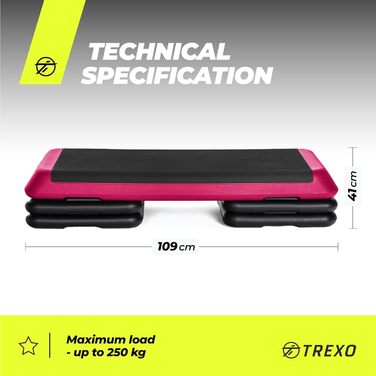Аеробний степпер TREXO для кардіо та фітнесу, регульована висота 10/15/20 см, домашній тренажер до 250 кг, 109x41 см, чорний/рожевий