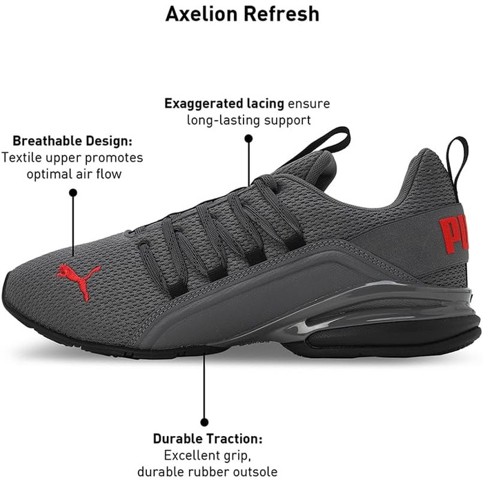 Кросівки Puma Axelion Refresh для чоловіків, 44.5, чорний, темно-сірий, червоний