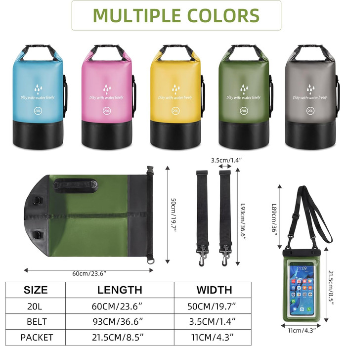 Водонепроникний мішок-сумок Dry Sack 20 л Roll-Top від GES, з кишенею для телефону, для каякінгу, човнів, походів, каное, рафтингу, плавання, кемпінгу та риболовлі (армійний зелений)