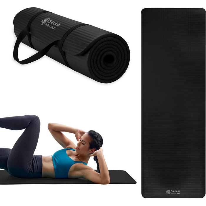 Yogamat Gaiam Essentials, товстий (1 см) чорний, 183x61 см, з ременем для транспортування - для йоги та фітнесу