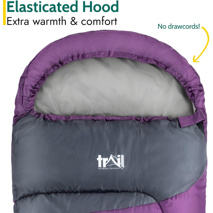 Дитячий спальний мішок Trail Mumienschlafsack 3 сезони для кемпінгу – 300gsm – для хлопчиків та дівчаток – з легким рюкзаком (фіолетовий)