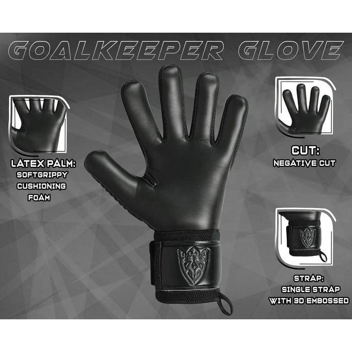 Футбольні воротарські рукавички Keeperking для дітей, підлітків та дорослих. Без захисту пальців, 4 мм латекс, довга долоня, унісекс, чорний.