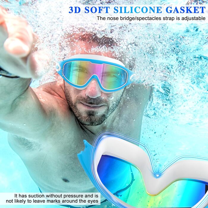 Маска для плавання та дайвінгу Schwimmbrie Unisex, великий огляд, антизапітнівальна, захист від UV, професійна (L, MC6500-Blue)