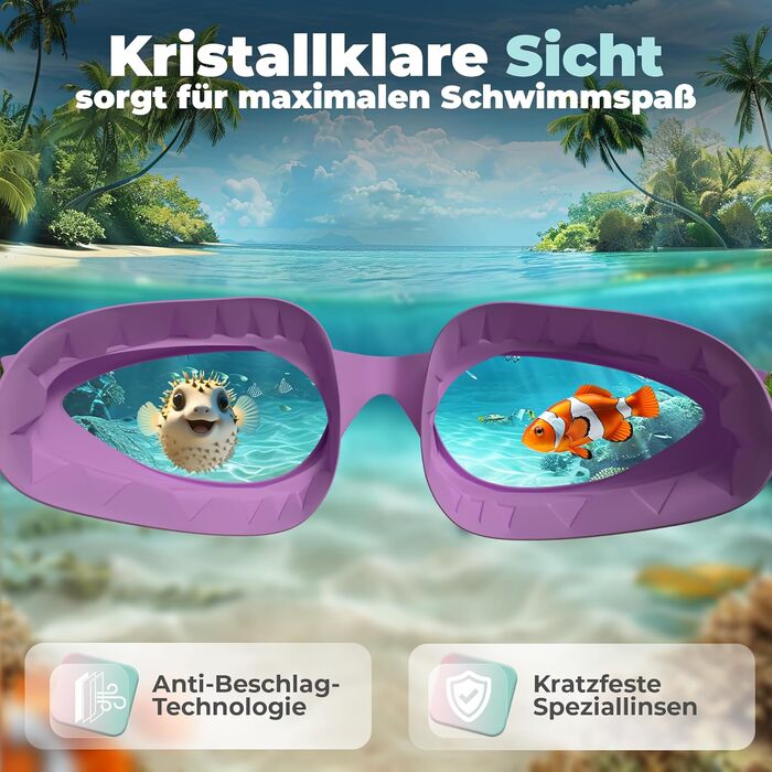 Дитячі окуляри для плавання Kidverse - Комфортні окуляри для дайвінгу для дітей 3-13 років з UV-захистом та антизапітнієвим покриттям - Окуляри для плавання для дівчаток та хлопчиків (фіолетово-рожеві)