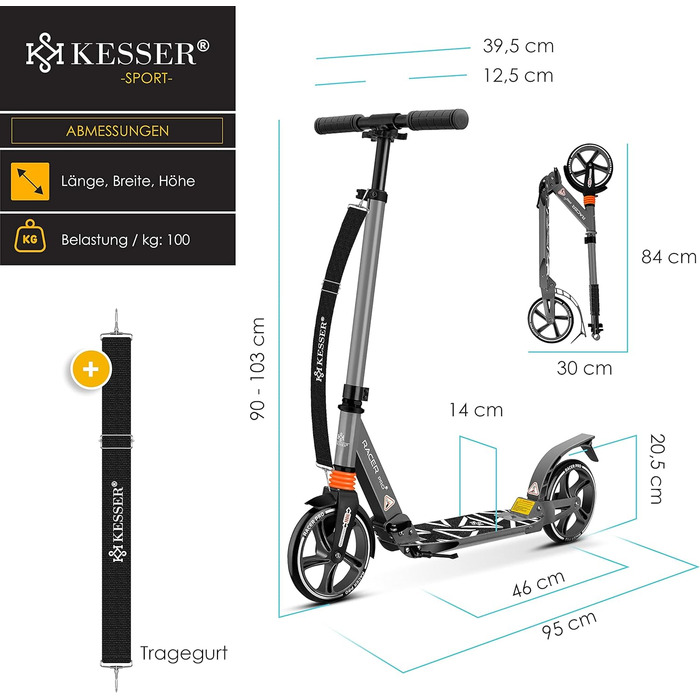 Самокат KESSER Cityroller Pro-S з великими колесами 205 мм, PU, з подвійною амортизацією, складаний та регульований по висоті, для дорослих і дітей