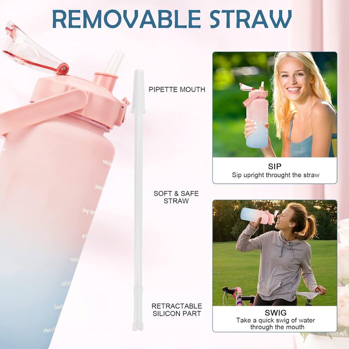 Спортивна пляшка для води MOMSIV 2L з трубочкою та відсіком для фруктів, з позначками часу, чорно-рожева, BPA Free