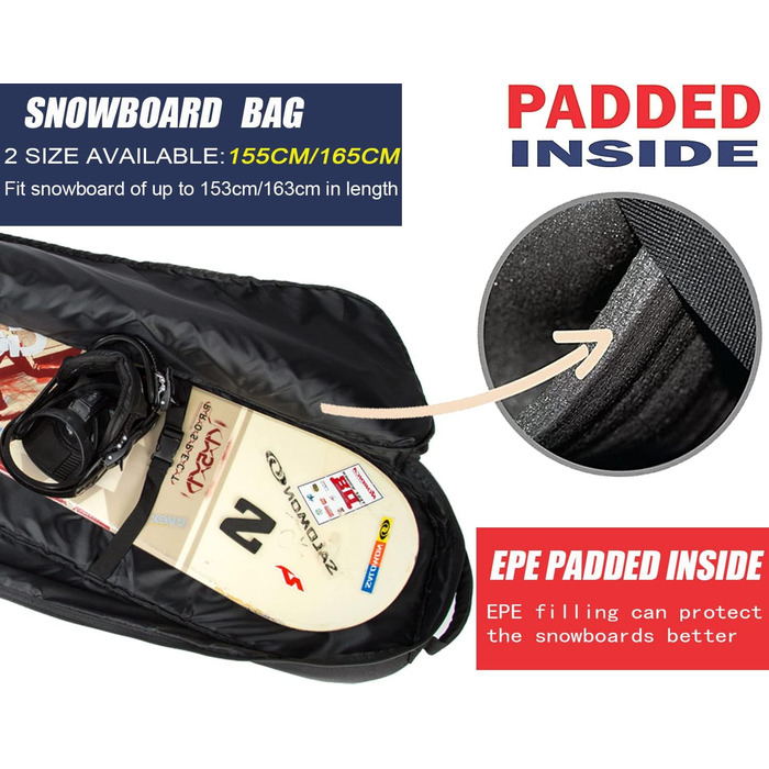 Чохол для сноуборду MERALIAN для подорожей літаком, 165 см, чорний/синій. Зберігає сноуборд, черевики, одяг, шолом та спорядження.