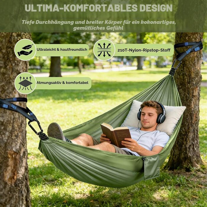 Подвійний гамак для кемпінгу та відпочинку Outdoor, 300x200 см, навантаження до 300 кг, дихаючий нейлон (зелений)