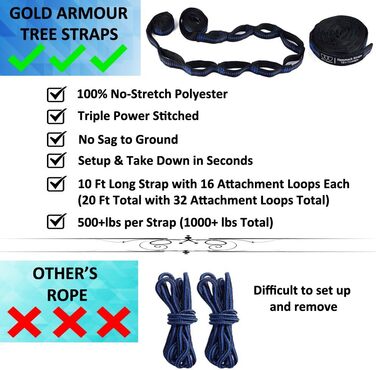 Гамак для кемпінгу Gold Armour - великий двомісний гамак з парашутної тканини (2 петлі, 29 кольорів/мотивів) Легкий нейлон для дорослих та дітей (Зелений) (Прапор II)