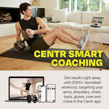 Centr Smart Stack 50: Регульована штанга з набором ваг 2.3–22.7 кг. Ергономічна ручка, фітнес для дому. Включено 3-місячну підписку Centr By.