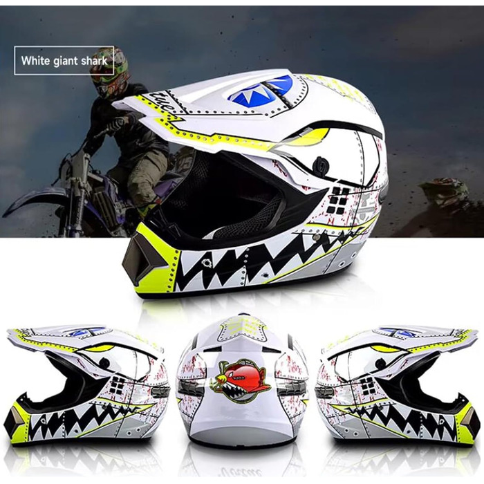 Шолом мотокрос MTB повний, для дітей та дорослих, з окулярами та рукавичками, білий (M 54~55см)