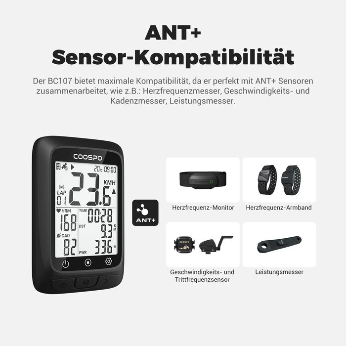 Велокомп'ютер COOPSO BC107 з GPS, бездротовий велоспідометр з Bluetooth 5.0 та ANT+, 2.4