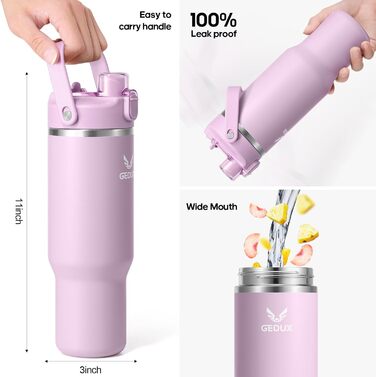 Спортивна термобутилка GEDUX IceFlow Flip Straw 1 л з трубочкою, зберігає холод понад 12 годин, герметична, BPA Free, для води, для спорту, придатна для миття в посудомийній машині, світло-фіолетова