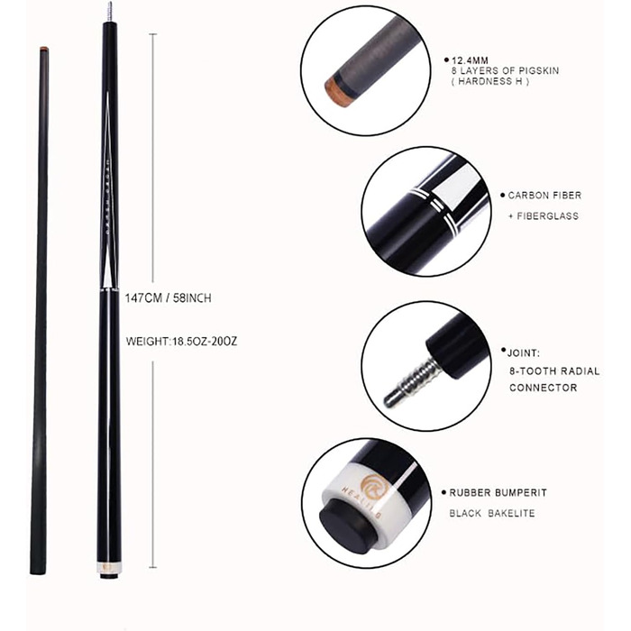 OKHEALING Професійний Більярдний Кіюк T700 з Карбону, 147 см, 12.4 мм, 8 зубців, для 8 та 9 куль