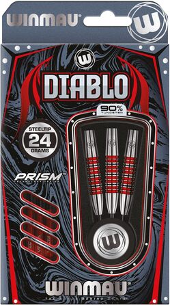 Дротики для дартсу WINMAU Diablo 24г, сталевий наконечник, вольфрам, з крилами та стрижнями, торпедоподібна форма, професійні
