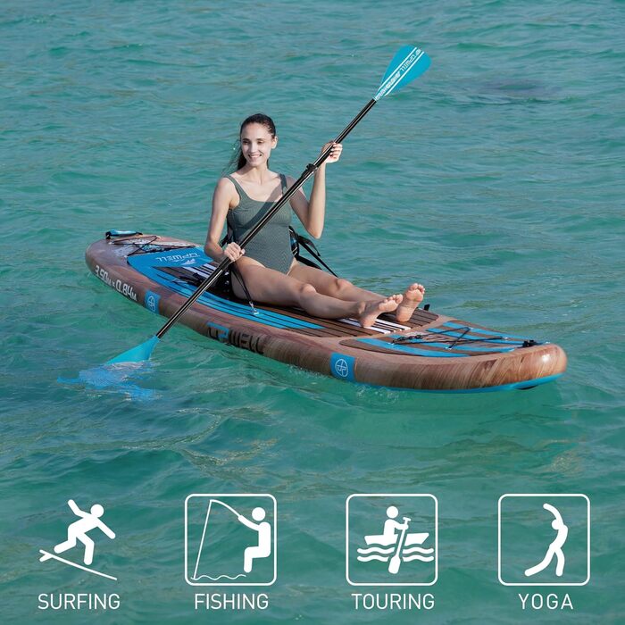 Надувний SUP-борд UPWELL Premium Stand Up Paddling Board з комплектом: сидіння, кріплення для камери, весло, 204 кг, для 2 осіб, 350x84x15 см