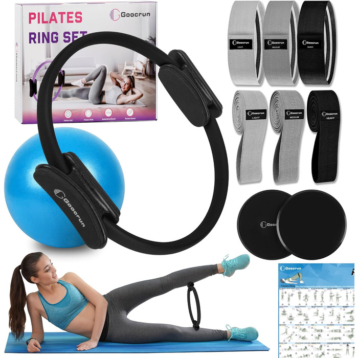 Набір для пілатесу: кільце, еластичні стрічки, фітбол, диски для ковзання, плакат з інструкцією. Домашній спортзал