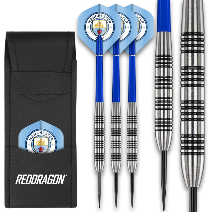 Професійні дротики для дартсу FOCO Manchester City (80% Tungsten, 24г) з металевими наконечниками, пір'ями та гаманцем для дартсу