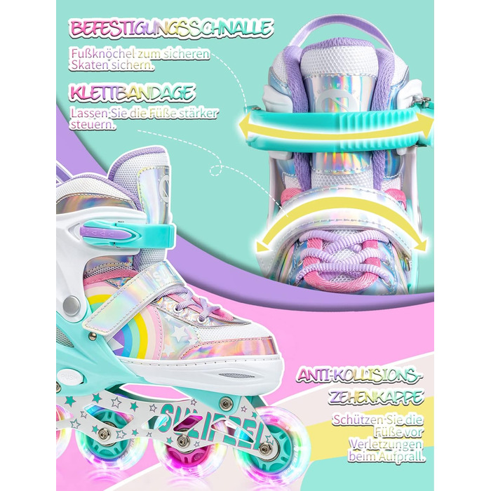 Ролики дитячі SULIFEEL Unicorn Rainbow для дівчаток та хлопчиків, світлові, чорні, 28-31 EU