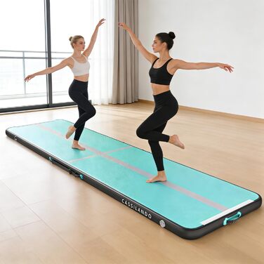 Гимнастичний мат Airtrack CASSILANDO надувний для тамблінгу та йоги, 400x100x10 см, м'ятно-чорний, з насосом