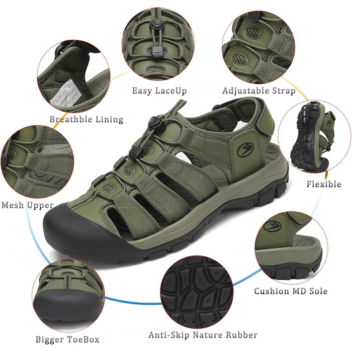 Чоловічі сандалі FLARUT літні трекінгові спортивні закритим носком, зелені 43 EU