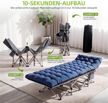 Складане кемпінгове ліжко Feldbett XXL з матрацом (літо/зима), посилене розкладне ліжко для відпочинку та гостей, витримує до 280 кг, сіро-блакитний (набір 2 шт.)
