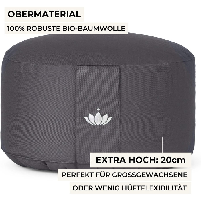 Подушка для медитації Lotuscrafts® Extra-High (20 см), кругла, з гречаним лушпинням, GOTS сертифікована, знімний чохол