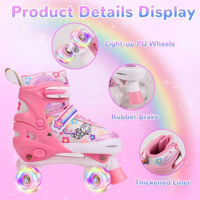 Роликові ковзани для дітей з LED підсвічуванням, регульовані, зручні та дихаючі, квад ковзани для дівчаток та хлопчиків, початківців (рожеві, L(39-42))