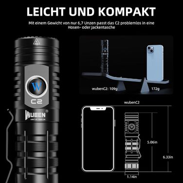 Ліхтарик WUBEN C2 LED: 2000 люмен, USB зарядка, тактичний, водонепроникний IP68, 4800mAh, 7 режимів, 6500K