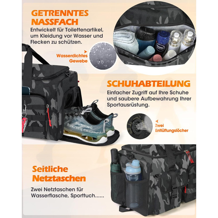 Спортивна сумка RAINSMORE 3-в-1 для чоловіків 45L: рюкзак, сумка для подорожей, фітнес-сумка з відділенням для взуття та ноутбука (сірий камуфляж)