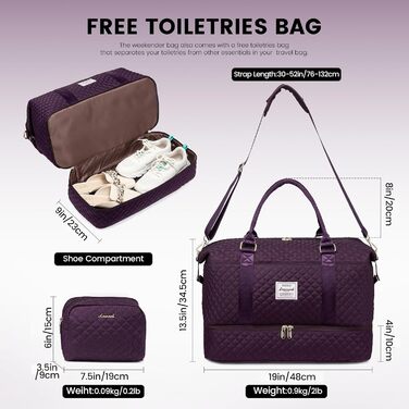 Спортивна сумка LOVEVOOK для жінок, велика дорожня сумка з відділенням для взуття та мокрих речей, сумка-мішок для подорожей, з косметичкою, для клініки, пологів, мами, водонепроникна, ручна поклажа для літака, спортзал (M-2шт, Темно-фіолетовий)