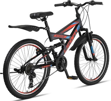 Гірський велосипед Licorne Bike PREMIUM Strong V 24 дюйми, 21 швидкість, повна амортизація, чорний/синій/помаранчевий, для хлопців, дівчат, жінок і чоловіків