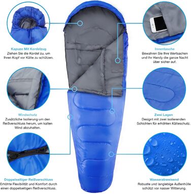 Сплячий мішок Active Era Mumienschlafsack: зимовий, літній, водонепроникний, легкий, температурний режим -10°C до 10°C, для кемпінгу та відпочинку на природі (Блакитний)