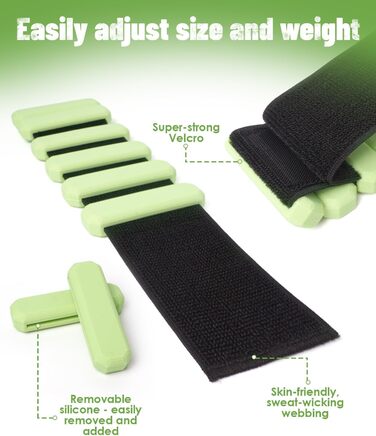 Регульовані вантажні манжети для зап'ястя (2 шт, по 0,45 кг), довговічні, портативні, для йоги, танців, пілатесу, кардіо, аеробіки, ходьби, зелені
