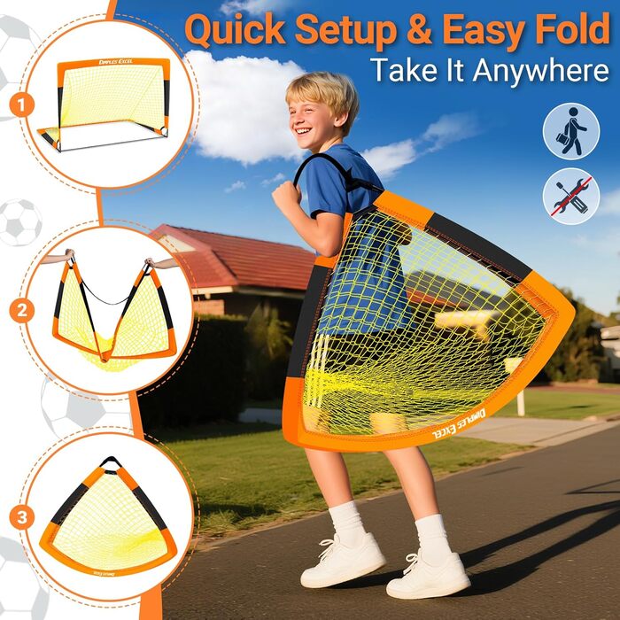 Ворота для футболу Dimples Excel Pop-Up – розкладні для дітей | 1 або 2 шт. у розмірах 120x90 / 152x110 / 213x152 см | 3 кольори на вибір | Опційно з м'ячем, насосом, фігурками та мішенню | Для саду та як подарунок (2-152x110 Оранжевий+Аксесуари)