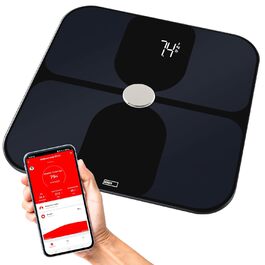 Розумні ваги EMOS GoSmart для дому: аналіз жиру, м'язової маси, ІМТ, 18 параметрів, Bluetooth, додаток, ITO-скло, до 180 кг, чорні