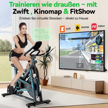 Велотренажер FunLife C1 з Bluetooth та App (FitShow, Kinomap), ремінний привід, плавний регулятор навантаження, регульоване сідло та кермо, до 120 кг, блакитний