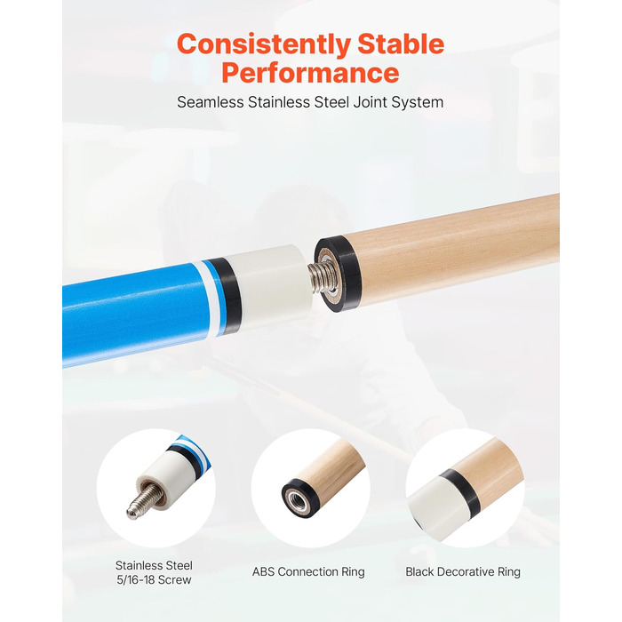 Кю (біліардна палиця) VEVOR, 147.3 см, з багатошаровим наконечником, ABS-з'єднувальний кільце, для професійного більярду, бару, дому, офісу (канадський клен, 4-секційна)