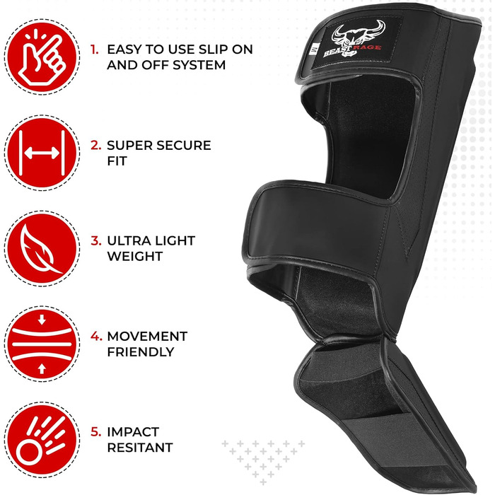 Шкіряні щитки для ніг Beast Rage для кікбоксингу, муай-тай, ММА, боксу, карате, тхеквондо та БЖЖ, з захистом зап'ястя, чорного кольору