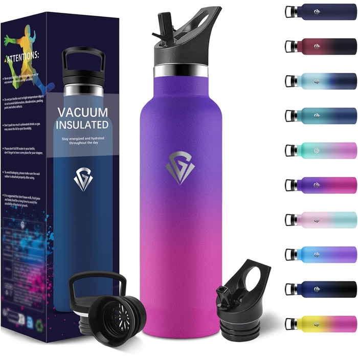 Термопляшка 500 мл, нержавіюча сталь, з соломкою, BPA Free, подвійні стінки, ізольована, для води, термопляшка, підходить для газованої води, кольори: темно-синій та темно-фіолетовий