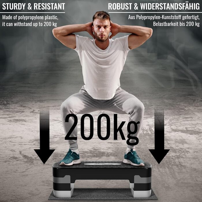 Фітнес степер Physionics® з 3 рівнями (10/15/20 см), регульована висота, антиковзне покриття, до 200 кг - для кардіотренувань вдома
