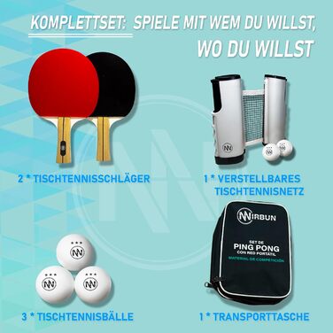 Набір для настільного тенісу NIRBUN з висувним сіткою, професійні ракетки, тенісні м'ячі 3 зірки, регульована сітка для будь-якого столу, портативний набір для 2 гравців