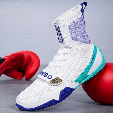 Чоловічі боксерські черевики BLBK для боротьби, кікбоксингу, муай-тай та спарингу. Дихаючі боксерські черевики для чоловіків та юнаків. Білий, синій, 39 EU