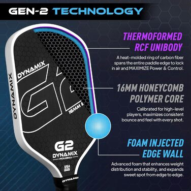 Пікбол ракетка з вуглецевого волокна Gen-2, 16 мм, схвалена USAPA, для професійного рівня, потужність, обертання та стабільність, довгаста, легка Pro-Balance (чорний хват / білий обід)